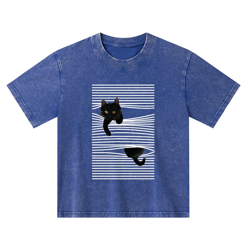 Tokyo-Tiger Cat Scratching Curtain Kids Washed T-Shirt