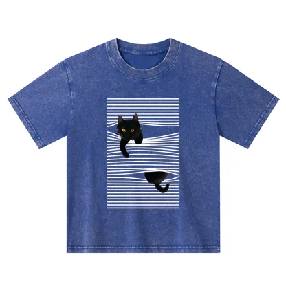 Tokyo-Tiger Cat Scratching Curtain Kids Washed T-Shirt