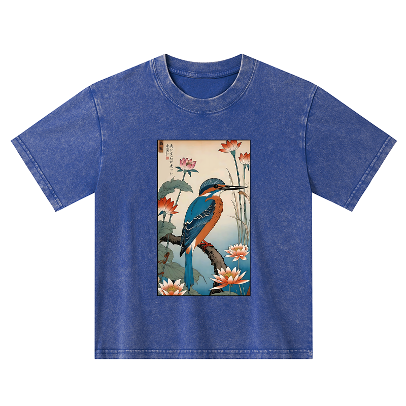 Tokyo-Tiger Ukiyo-e Kingfisher Kids Washed T-Shirt