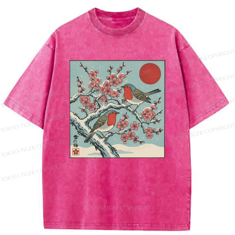 Tokyo-Tiger Winter Blossoms And Feathered Melodies Washed T-Shirt
