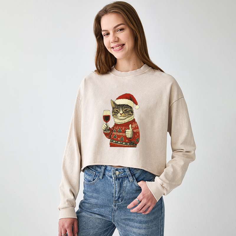 Tokyo-Tiger Christmas Cat Likes Washed Crop Sweatshirt