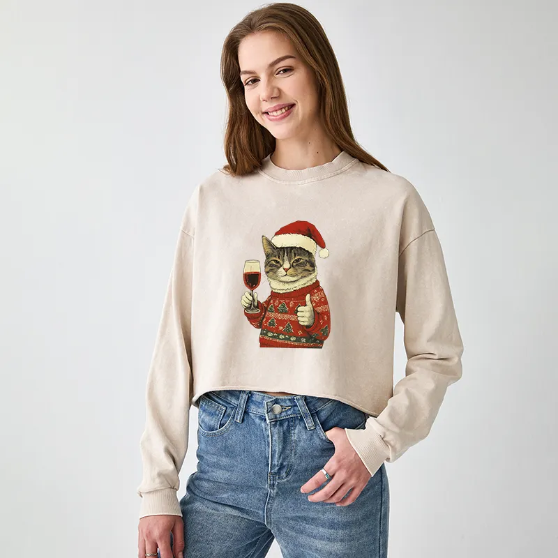 Tokyo-Tiger Christmas Cat Likes Washed Crop Sweatshirt