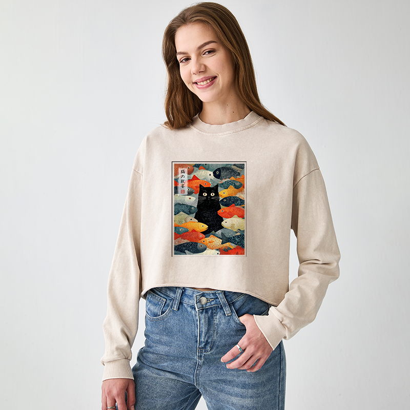 Tokyo-Tiger The Cat's Feast of Fish Washed Crop Sweatshirt
