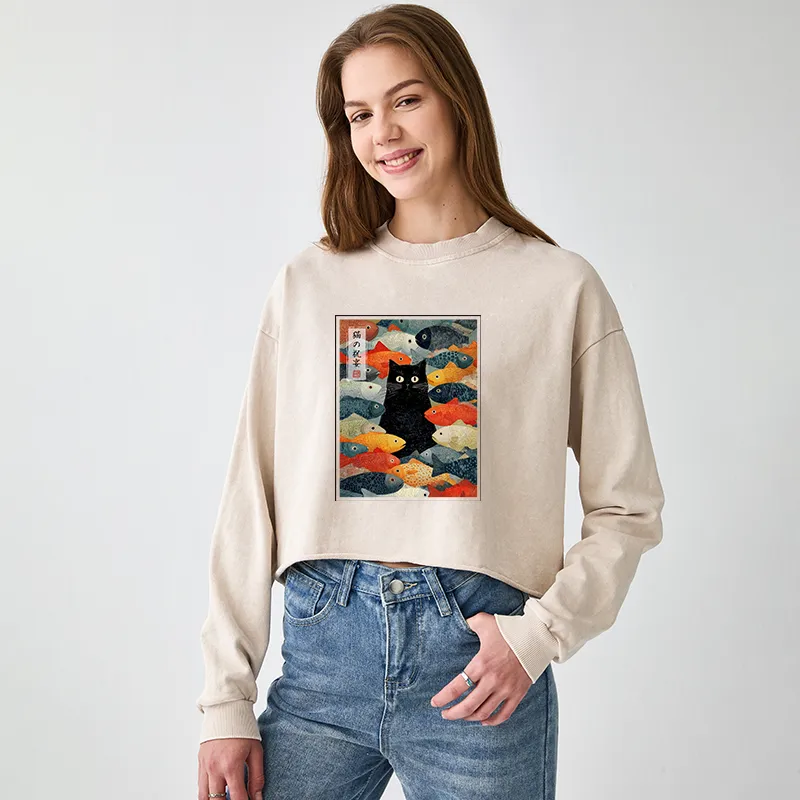Tokyo-Tiger The Cat's Feast of Fish Washed Crop Sweatshirt