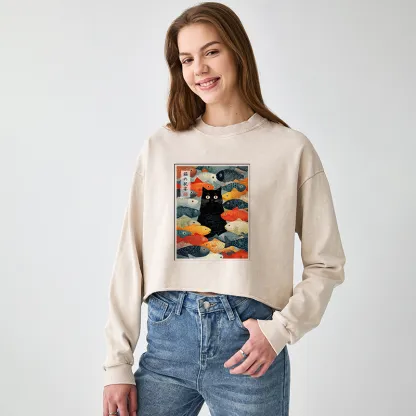 Tokyo-Tiger The Cat's Feast of Fish Washed Crop Sweatshirt