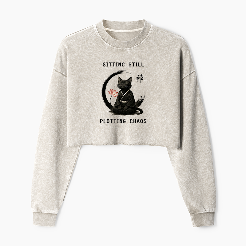 Tokyo-Tiger Sitting still  plotting chaos Calming Zen Cat Funny Washed Crop Sweatshirt