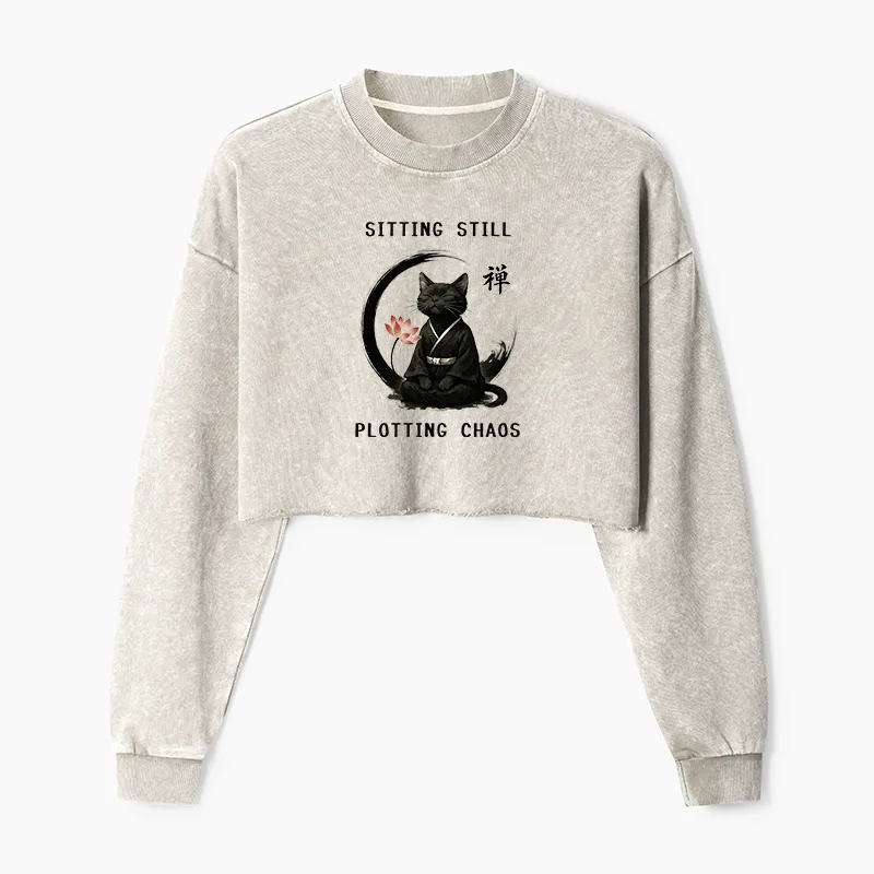 Tokyo-Tiger Sitting still  plotting chaos Calming Zen Cat Funny Washed Crop Sweatshirt