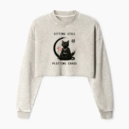 Tokyo-Tiger Sitting still  plotting chaos Calming Zen Cat Funny Washed Crop Sweatshirt