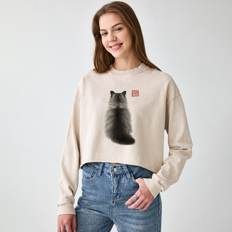 Tokyo-Tiger Cat's Back Ink Painting Washed Crop Sweatshirt