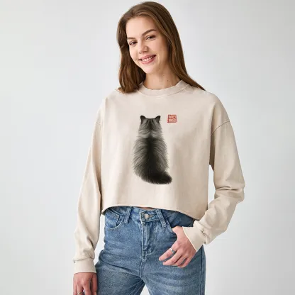 Tokyo-Tiger Cat's Back Ink Painting Washed Crop Sweatshirt