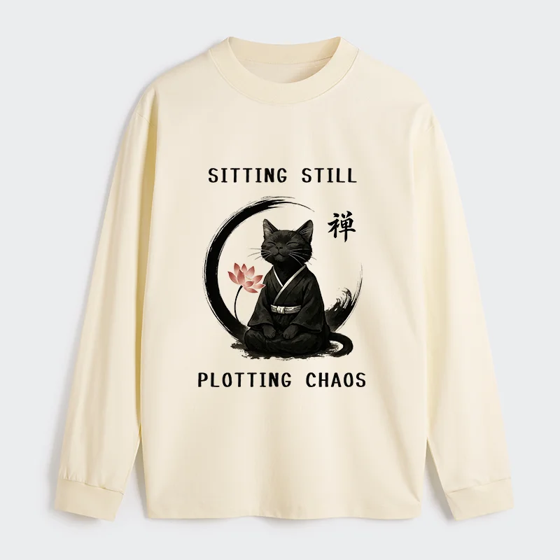 Tokyo-Tiger Sitting Still  Plotting Chaos Calming Zen Cat Funny Classic Long Sleeve T-Shirt