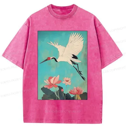 Tokyo-Tiger Crane And Lotus Japan Washed T-Shirt