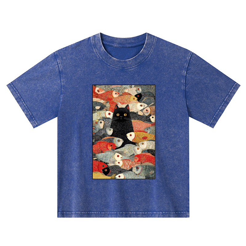 Tokyo-Tiger Cats And Fish Kids Washed T-Shirt