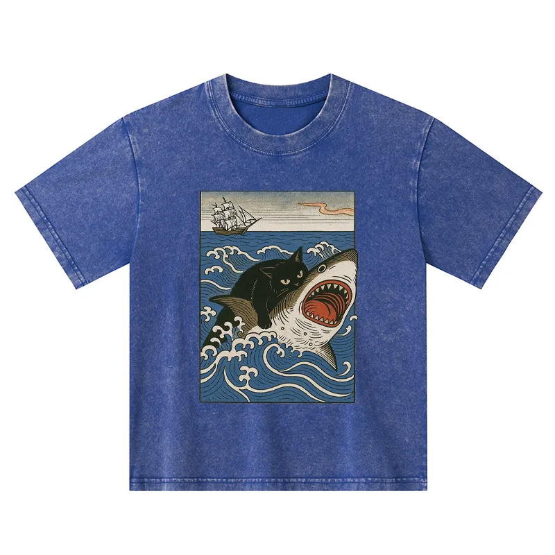 Tokyo-Tiger Cat Hunting Shark Kids Washed T-Shirt