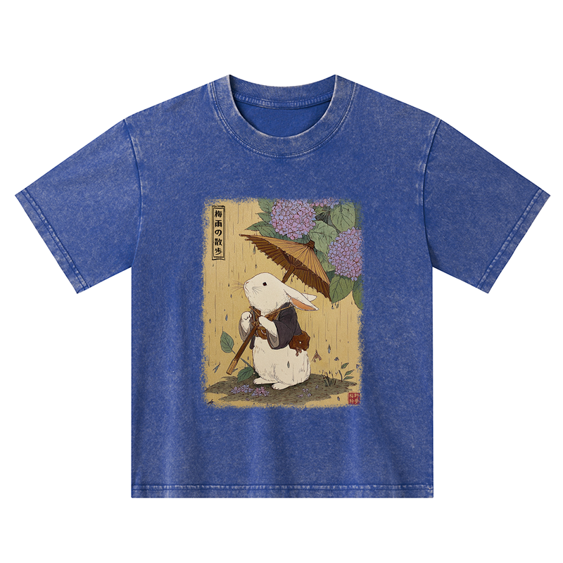 Tokyo-Tiger Ukiyoe Rainy Stroll Bunny Kids Washed T-Shirt