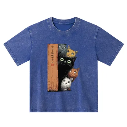 Tokyo-Tiger Five Cats Are Watching You Kids Washed T-Shirt