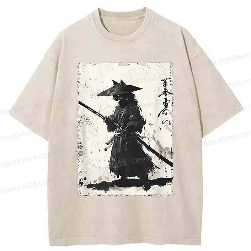 Tokyo-Tiger Handsome Cat Japanese Samurai Washed T-Shirt