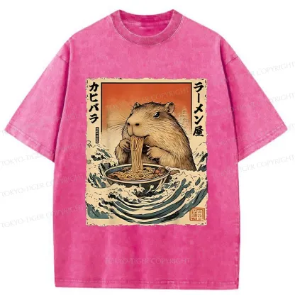 Tokyo-Tiger Hamster Eating Ramen Washed T-Shirt
