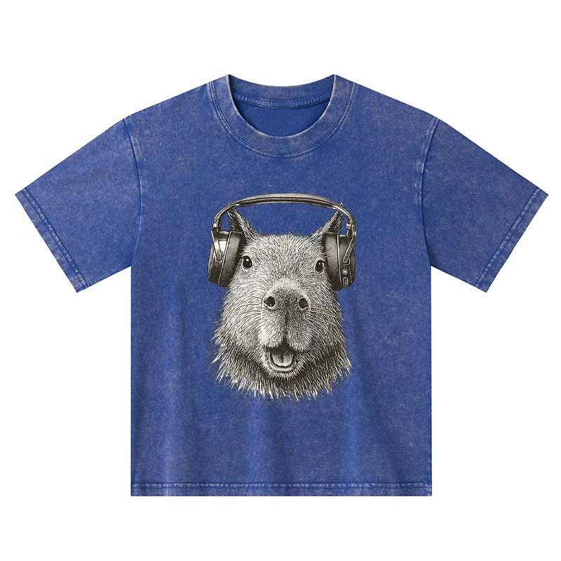 Tokyo-Tiger Capybara Listening To Music Kids Washed T-Shirt
