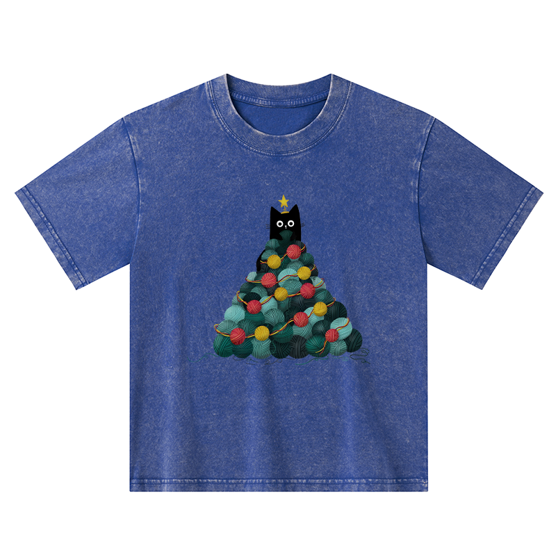 Tokyo-Tiger Yarn Christmas Tree Cat Kids Washed T-Shirt