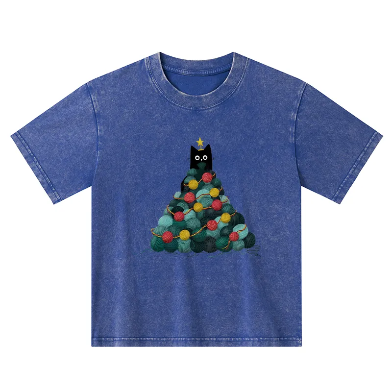 Tokyo-Tiger Yarn Christmas Tree Cat Kids Washed T-Shirt