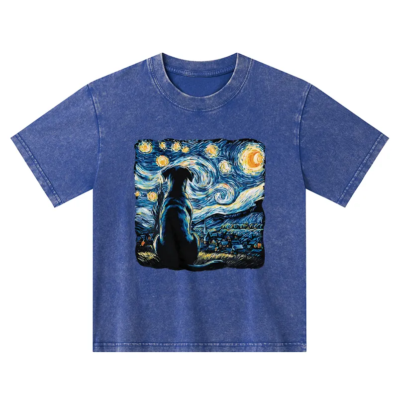 Tokyo-Tiger Starry Night Dog Kids Washed T-Shirt