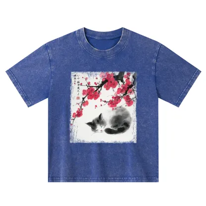 Tokyo-Tiger Ink Wash Painting: A Cat Lying Flat Under The Tree Kids Washed T-Shirt