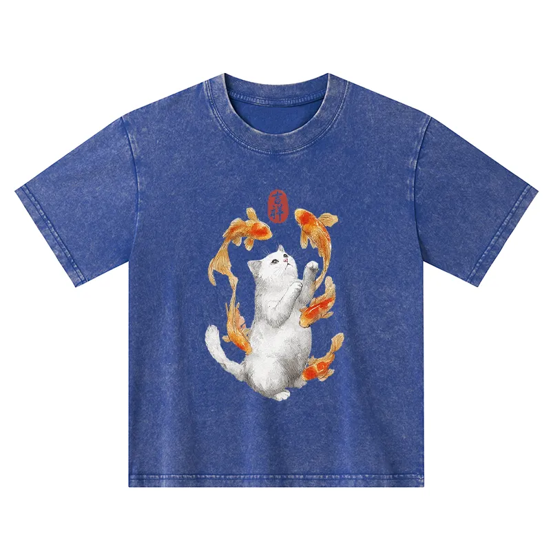 Tokyo-Tiger Zen Cat And The Dancing Fish Kids Washed T-Shirt