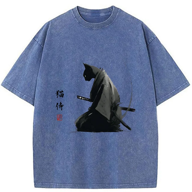 Tokyo-Tiger Kneeling Cat Samurai Washed T-Shirt