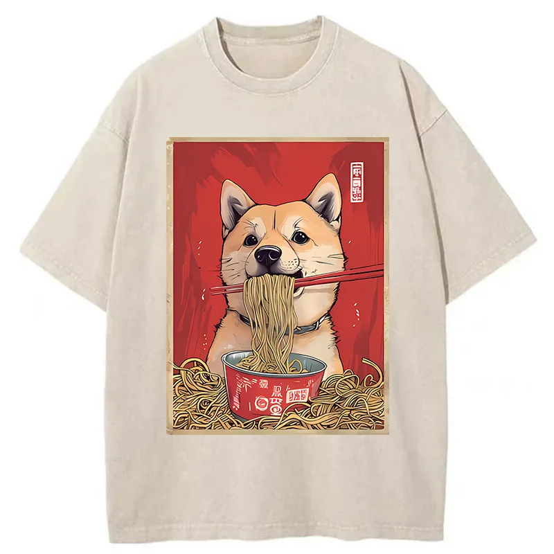 Tokyo-Tiger Shiba Lnu Eating Ramen Washed T-Shirt