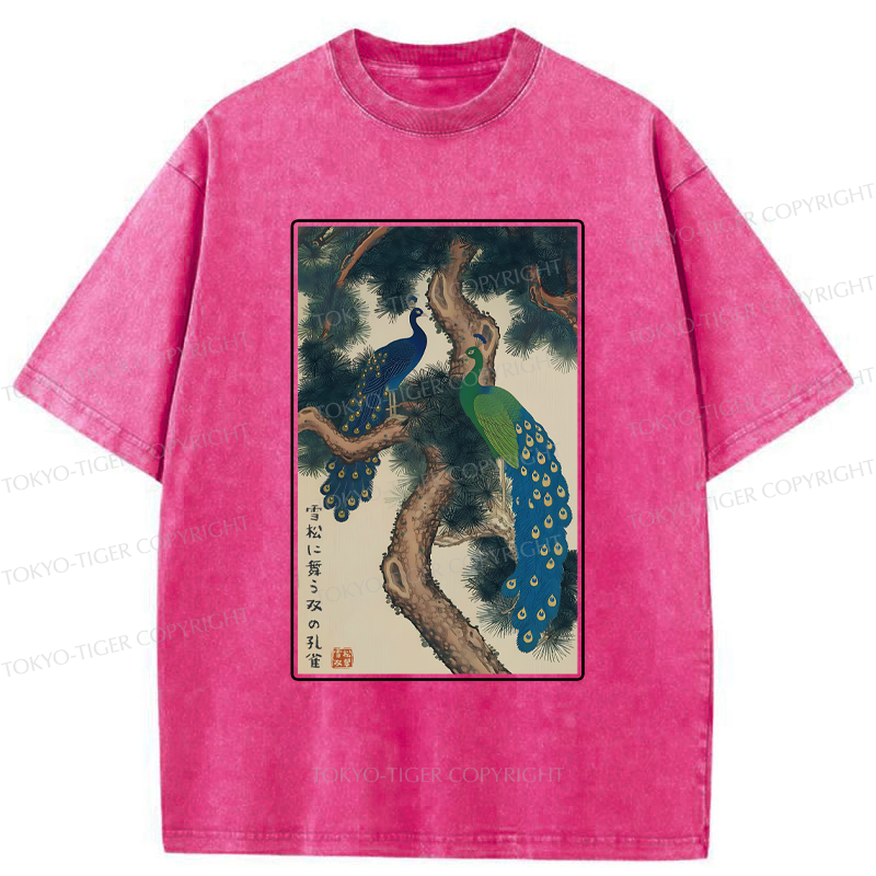 Tokyo-Tiger Peacocks in Snowy Pines Washed T-Shirt