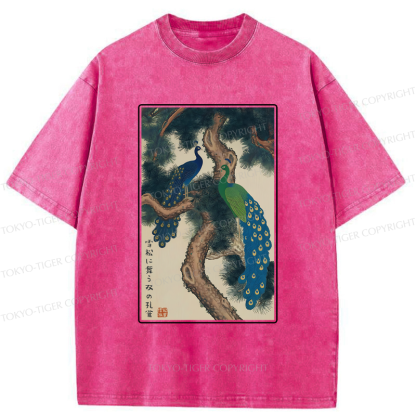 Tokyo-Tiger Peacocks in Snowy Pines Washed T-Shirt