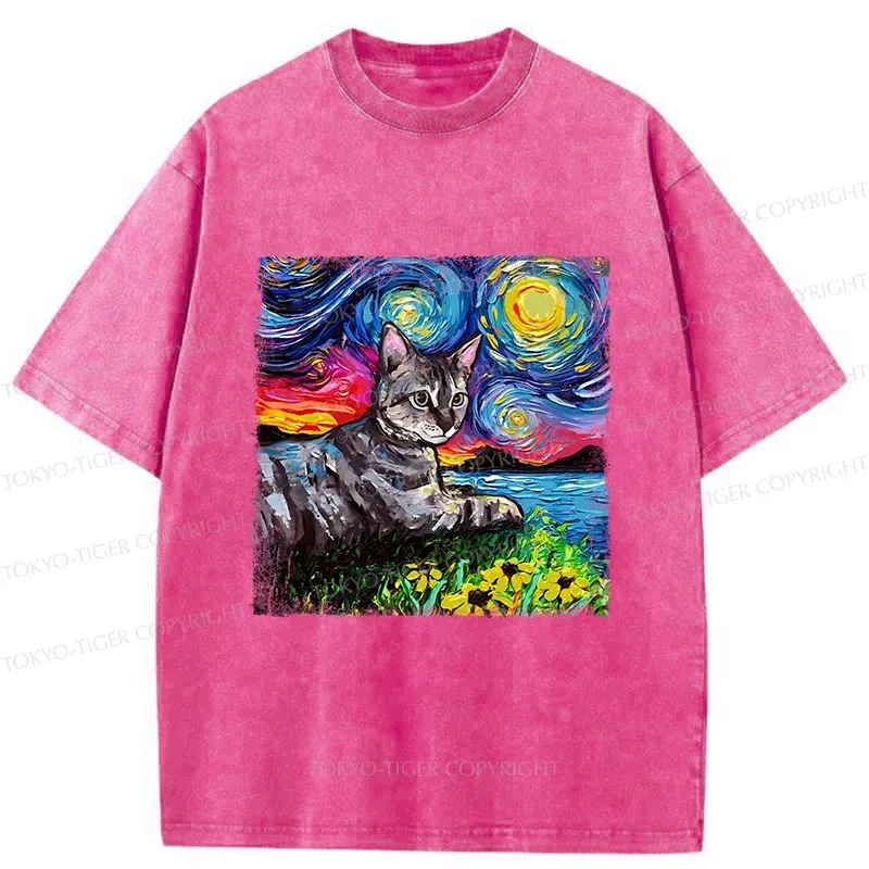 Tokyo-Tiger Cat Under The Starry Night Funny Washed T-Shirt