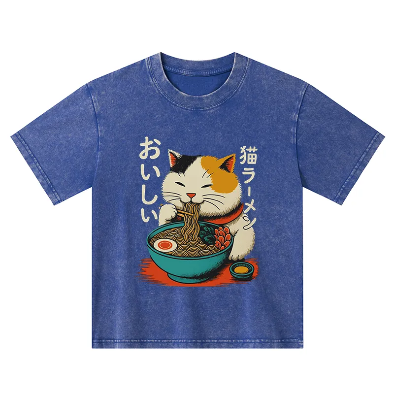 Tokyo-Tiger Cute Eat Eating Japanese Ramen Kids Washed T-Shirt