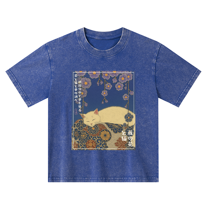 Tokyo-Tiger Ukiyoe Wisteria Flowers And Cats Kids Washed T-Shirt