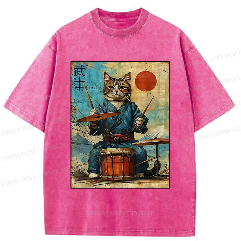 Tokyo-Tiger Cat Playing Drums Washed T-Shirt