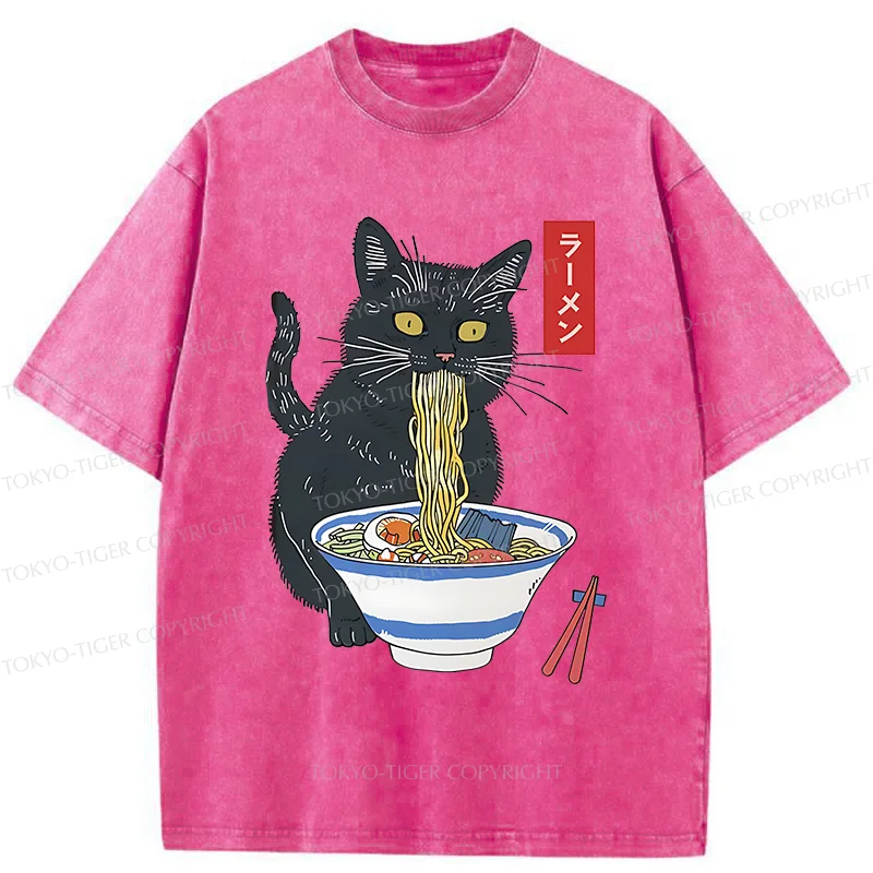 Tokyo-Tiger Black Cat Eats Delicious Ramen Washed T-Shirt
