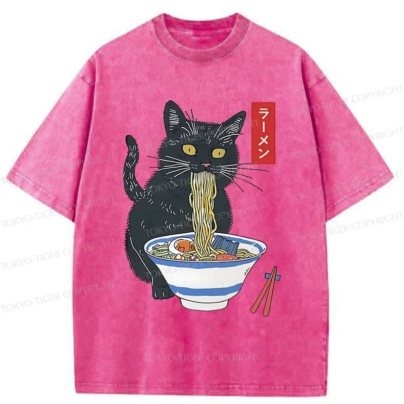Tokyo-Tiger Black Cat Eats Delicious Ramen Washed T-Shirt