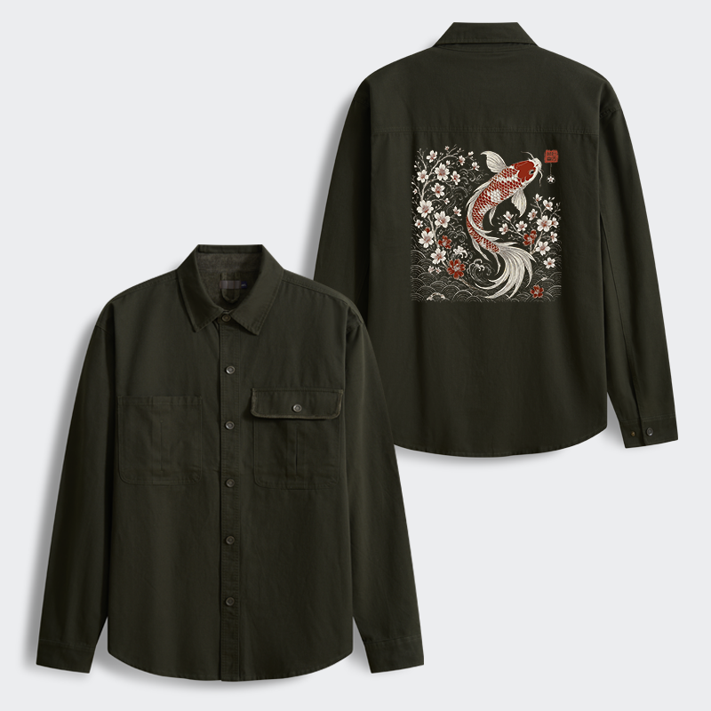 Tokyo-Tiger Vintage Sakura And Koi Men's Corduroy Work Jacket