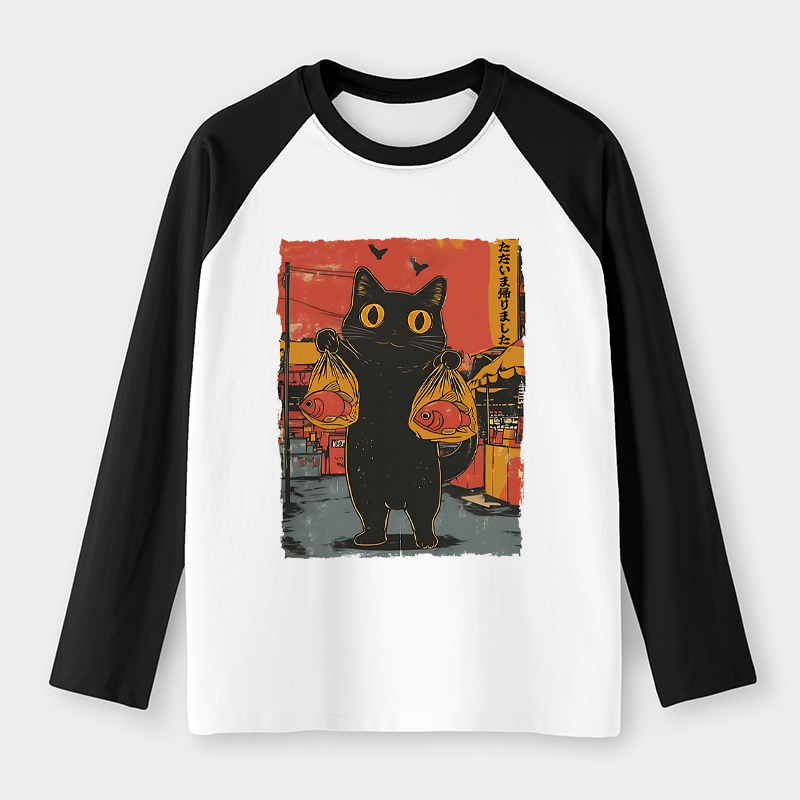 Tokyo-Tiger Cat Fishing Japanese Raglan Long Sleeve T-shirt