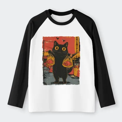 Tokyo-Tiger Cat Fishing Japanese Raglan Long Sleeve T-shirt