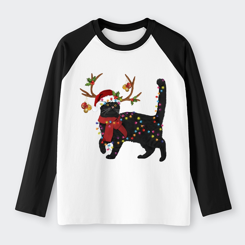 Tokyo-Tiger Christmas Black Cat Raglan Long Sleeve T-shirt