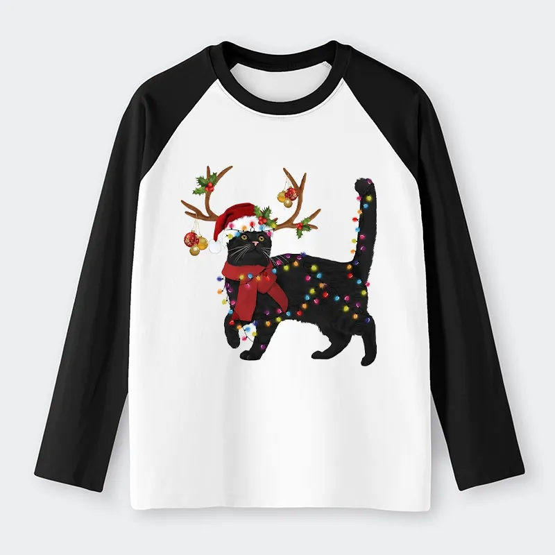 Tokyo-Tiger Christmas Black Cat Raglan Long Sleeve T-shirt