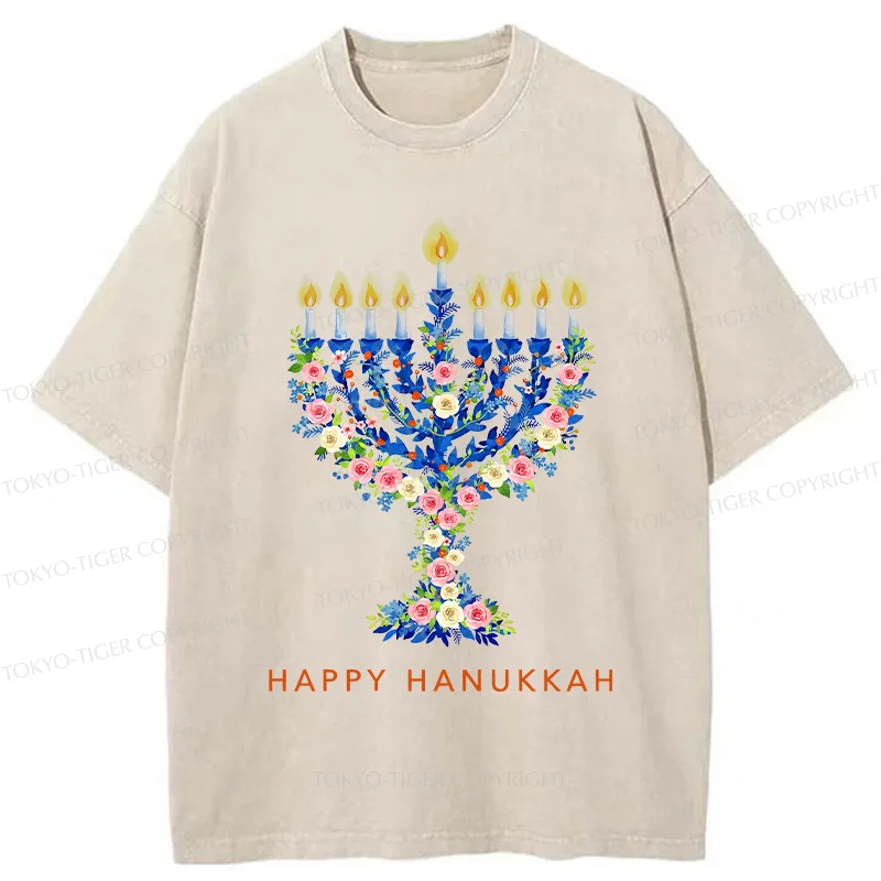 Tokyo-Tiger Hanukkah Candles Washed T-Shirt