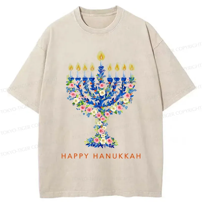 Tokyo-Tiger Hanukkah Candles Washed T-Shirt