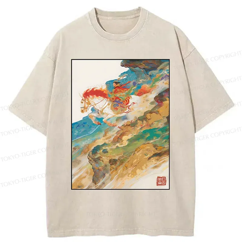 Tokyo-Tiger Landscape Painting Washed T-Shirt