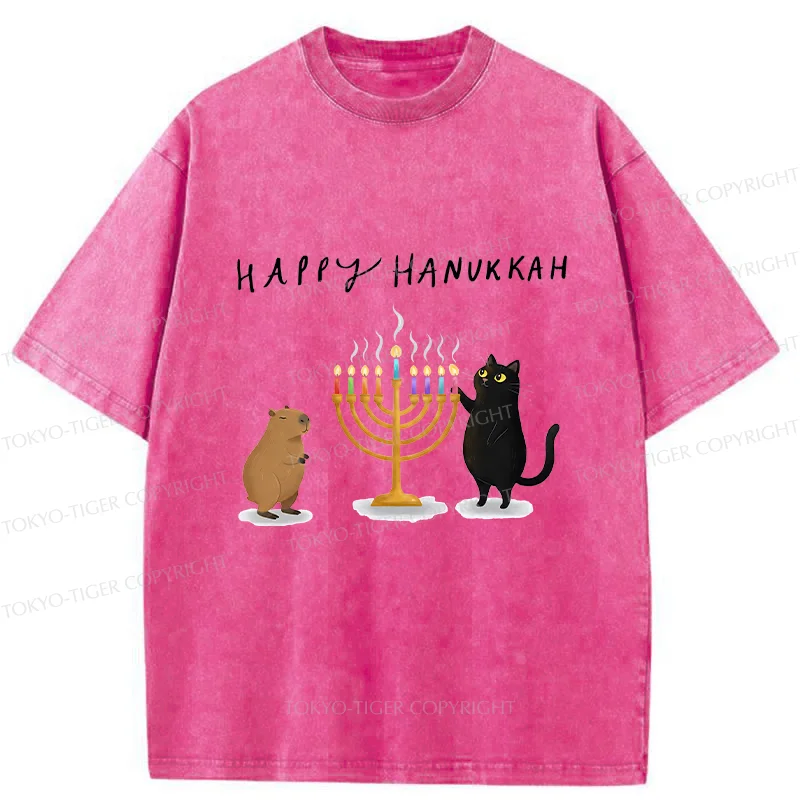 Tokyo-Tiger Cats Light Hanukkah Candles Washed T-Shirt