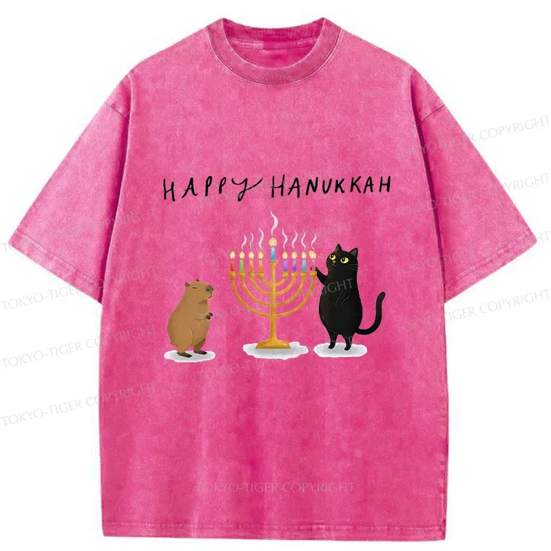 Tokyo-Tiger Cats Light Hanukkah Candles Washed T-Shirt Sale