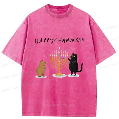 Tokyo-Tiger Cats Light Hanukkah Candles Washed T-Shirt