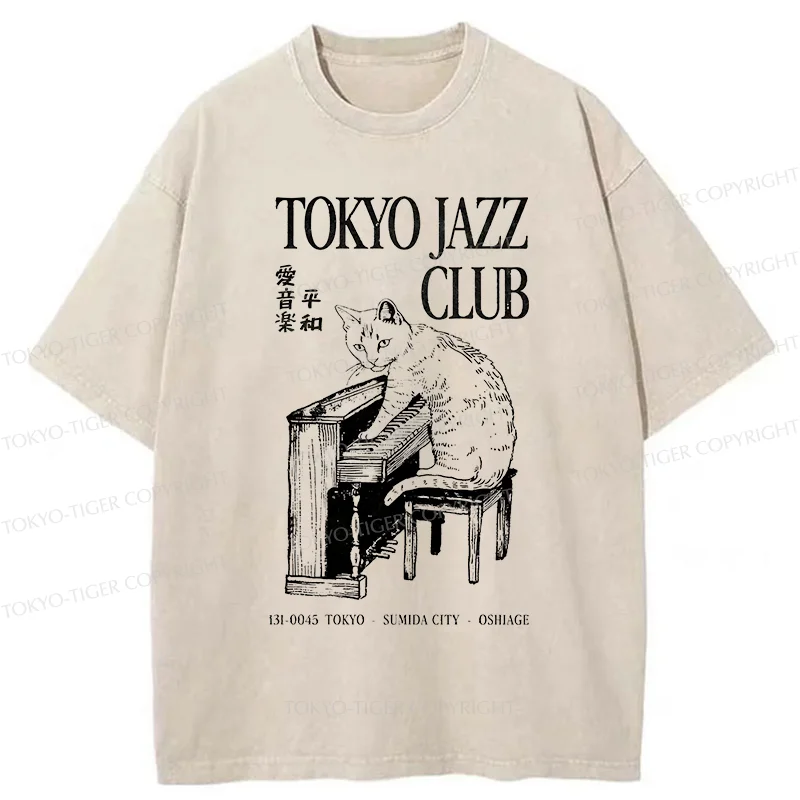 Tokyo-Tiger Cat Playing The Piano Washed T-Shirt